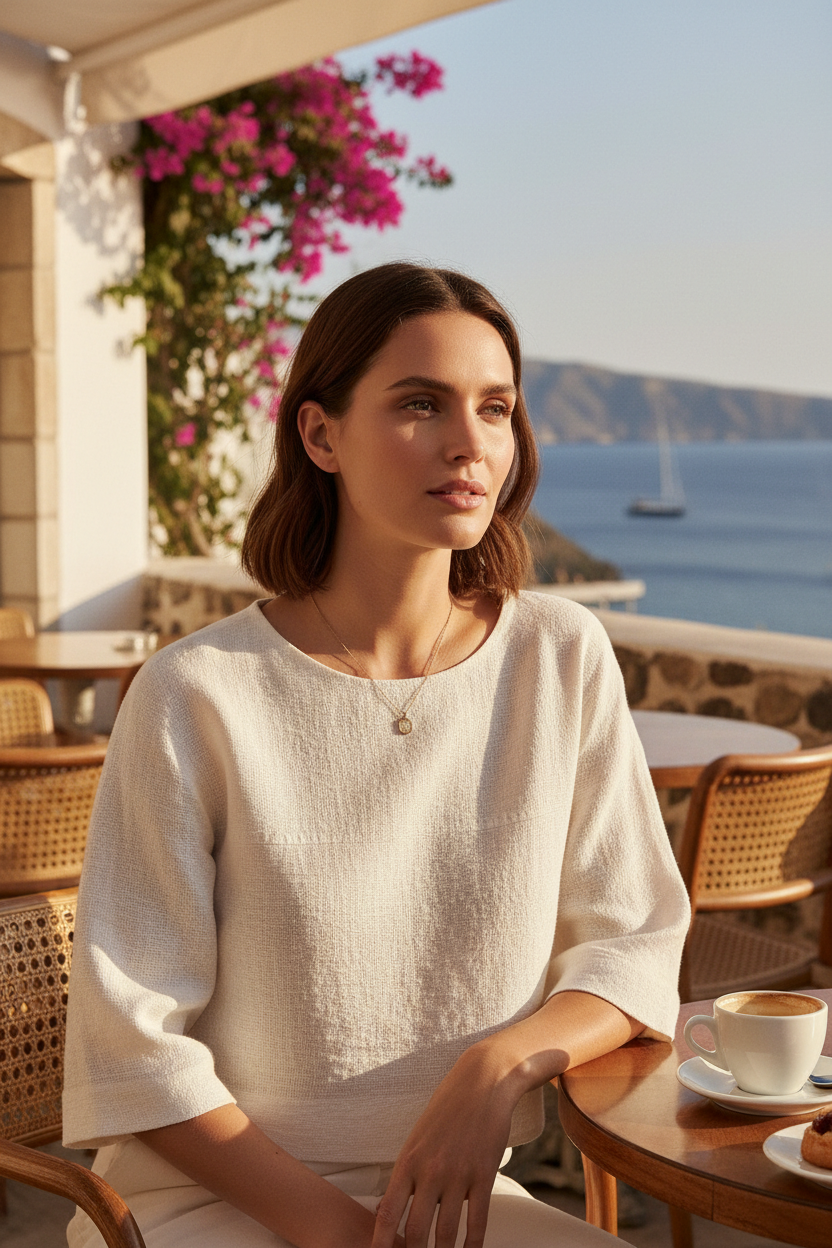 Lifestyle close-up - woman in Rinascimento top at outdoor cafe