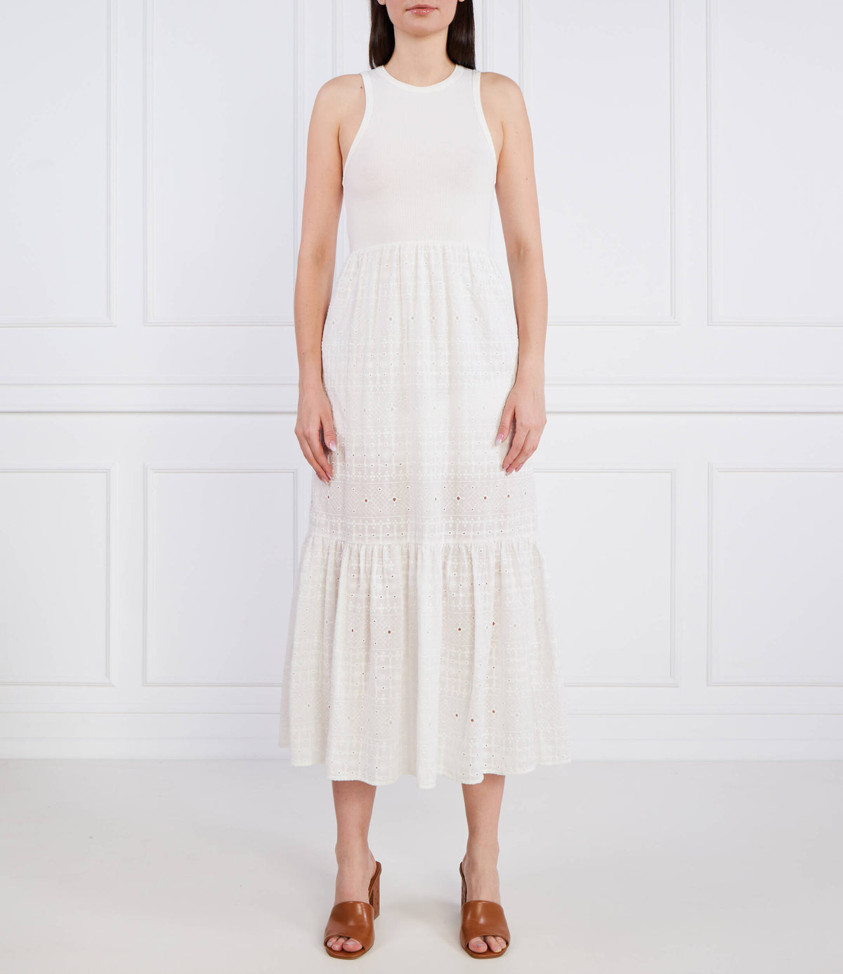 Desigual Ribbed Bodice Broderie Midi Dress – White