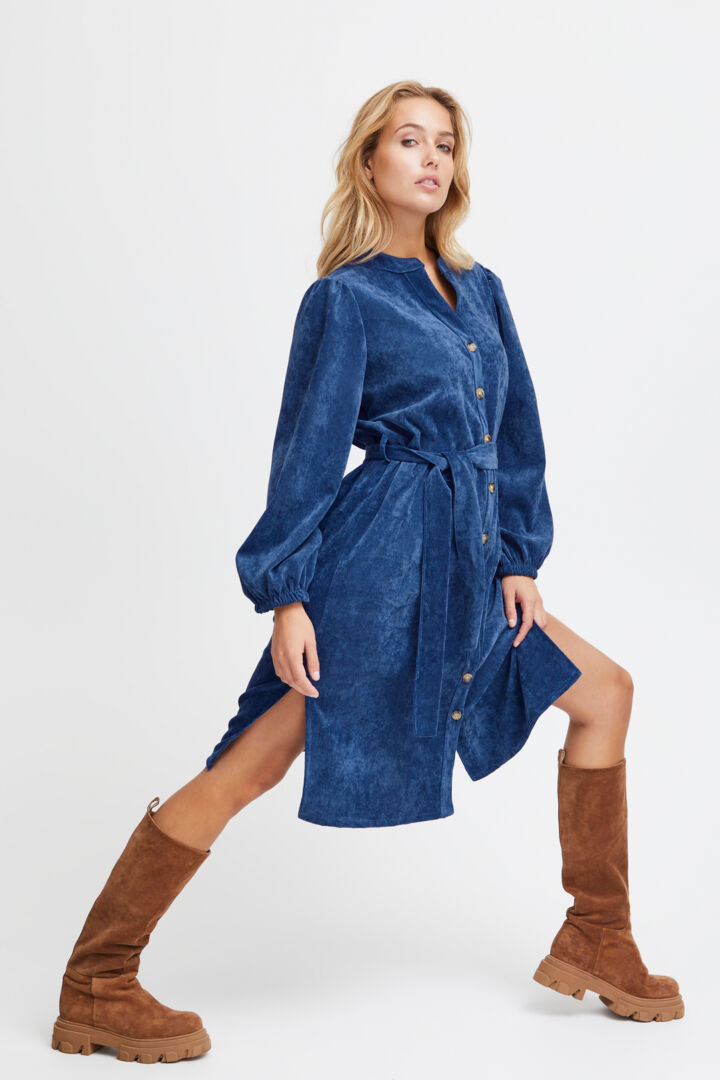 Sorbet Spicy Corduroy Shirt Dress with Belt – Denim Blue