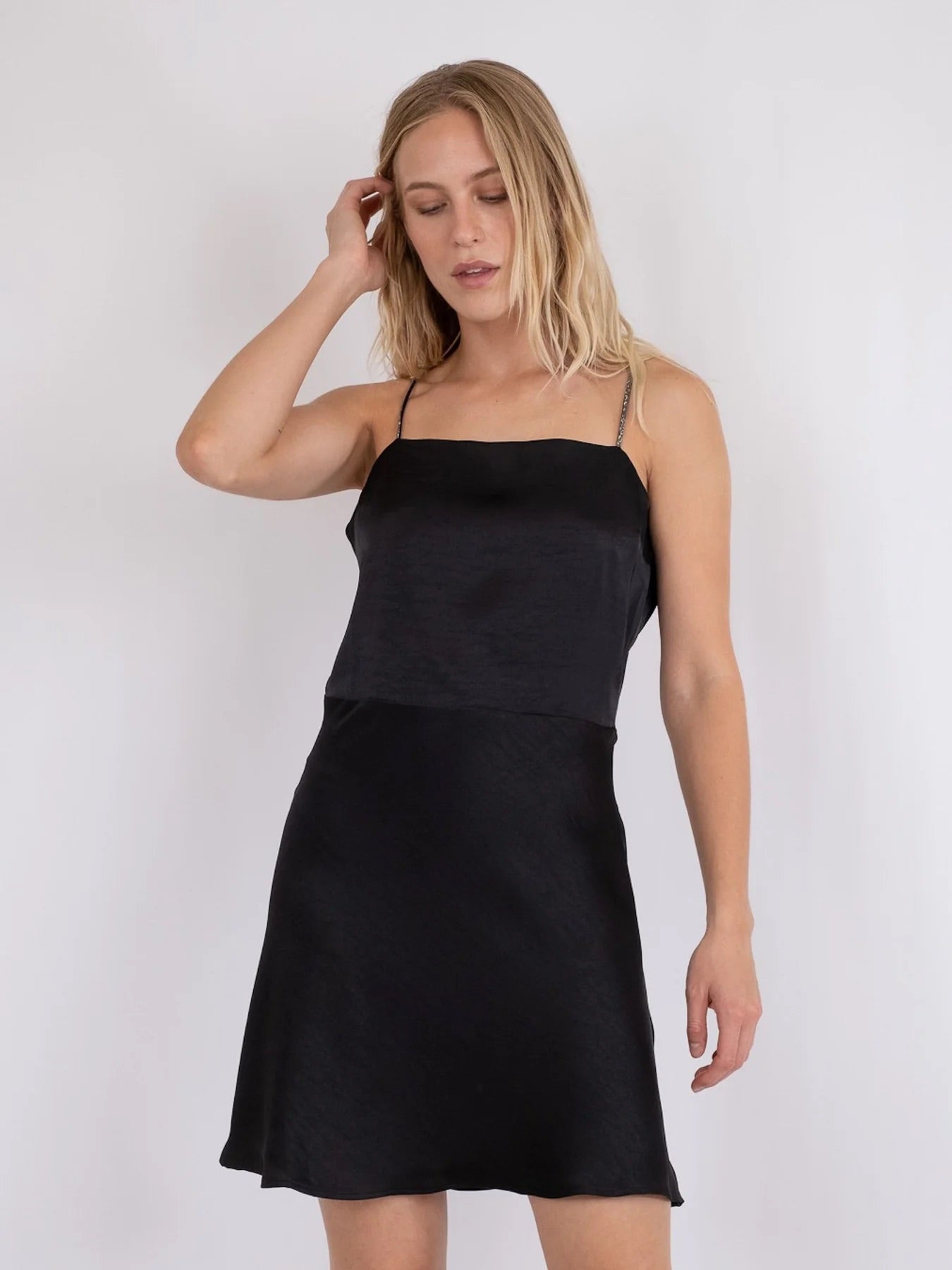 Neo Noir Clara Crystal-Strap Satin Mini Dress – Black