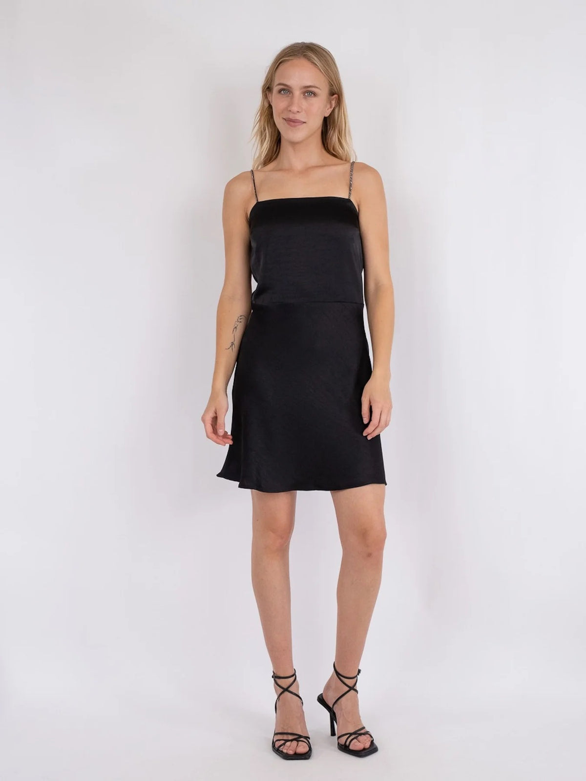 Neo Noir Clara Crystal-Strap Satin Mini Dress – Black