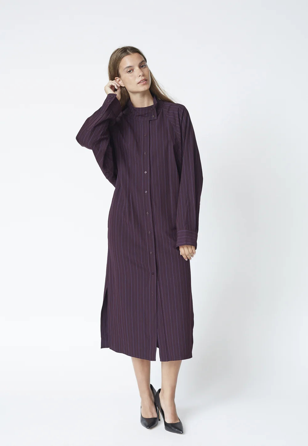 Co'couture Trinny CC csíkos, denevérujjú midiruha – szilva