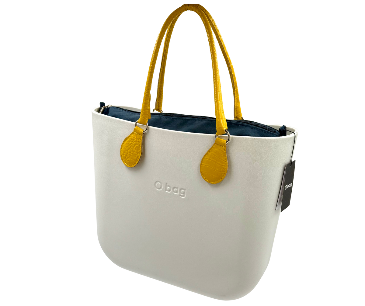 Obag mini bag in snow-white with mustard yellow handles, stylish and practical design for women's fashion.