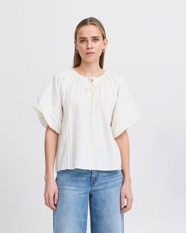 ICHI Utako Eyelet Lace Trim Blouse – White