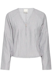 ICHI IHXTALIA Pinstripe Zip-Front Blouse – Light Grey