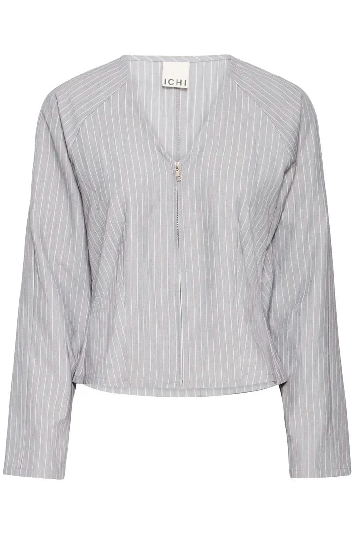 ICHI IHXTALIA Pinstripe Zip-Front Blouse – Light Grey