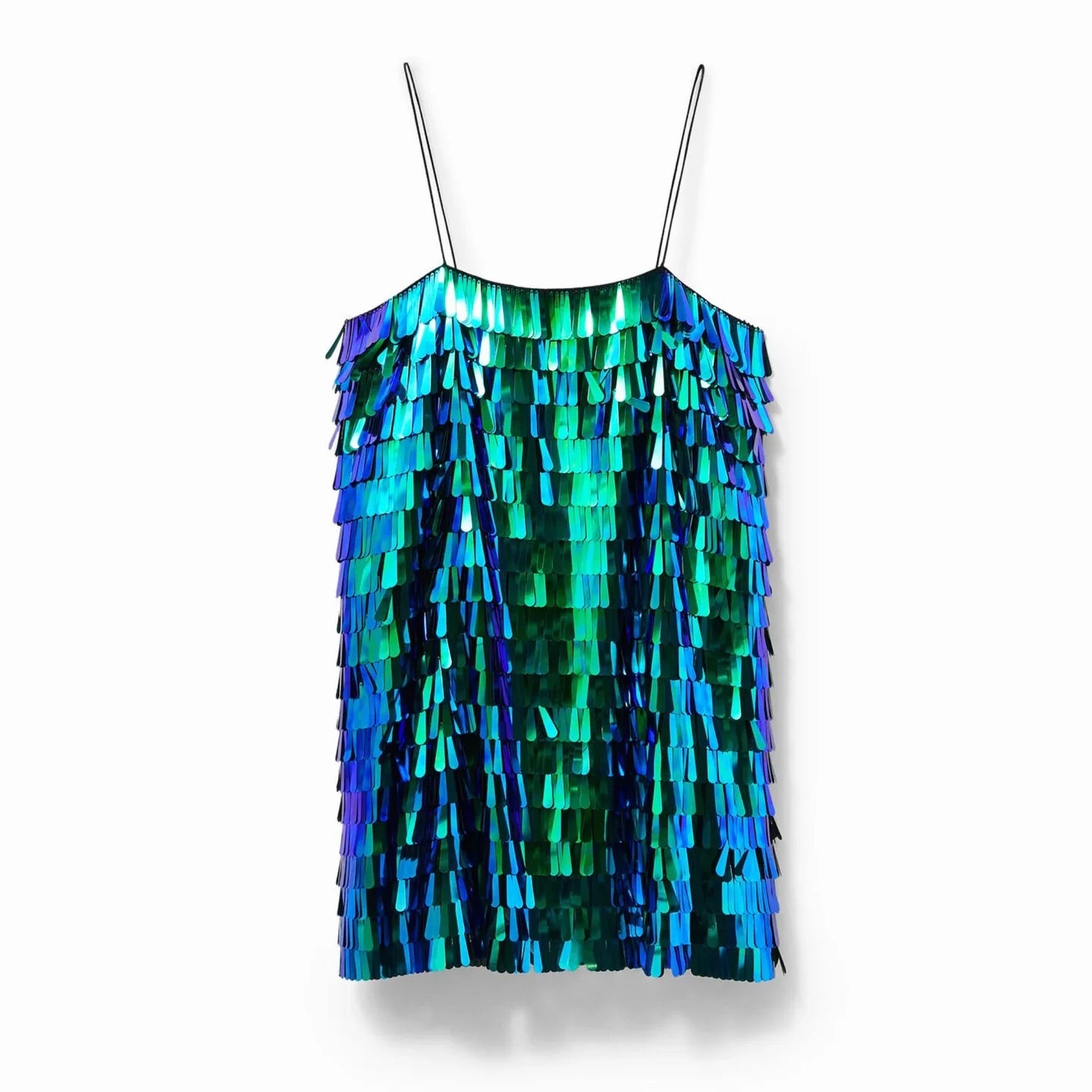 Desigual irizáló flitteres, rojtos miniruha – zöld-kék