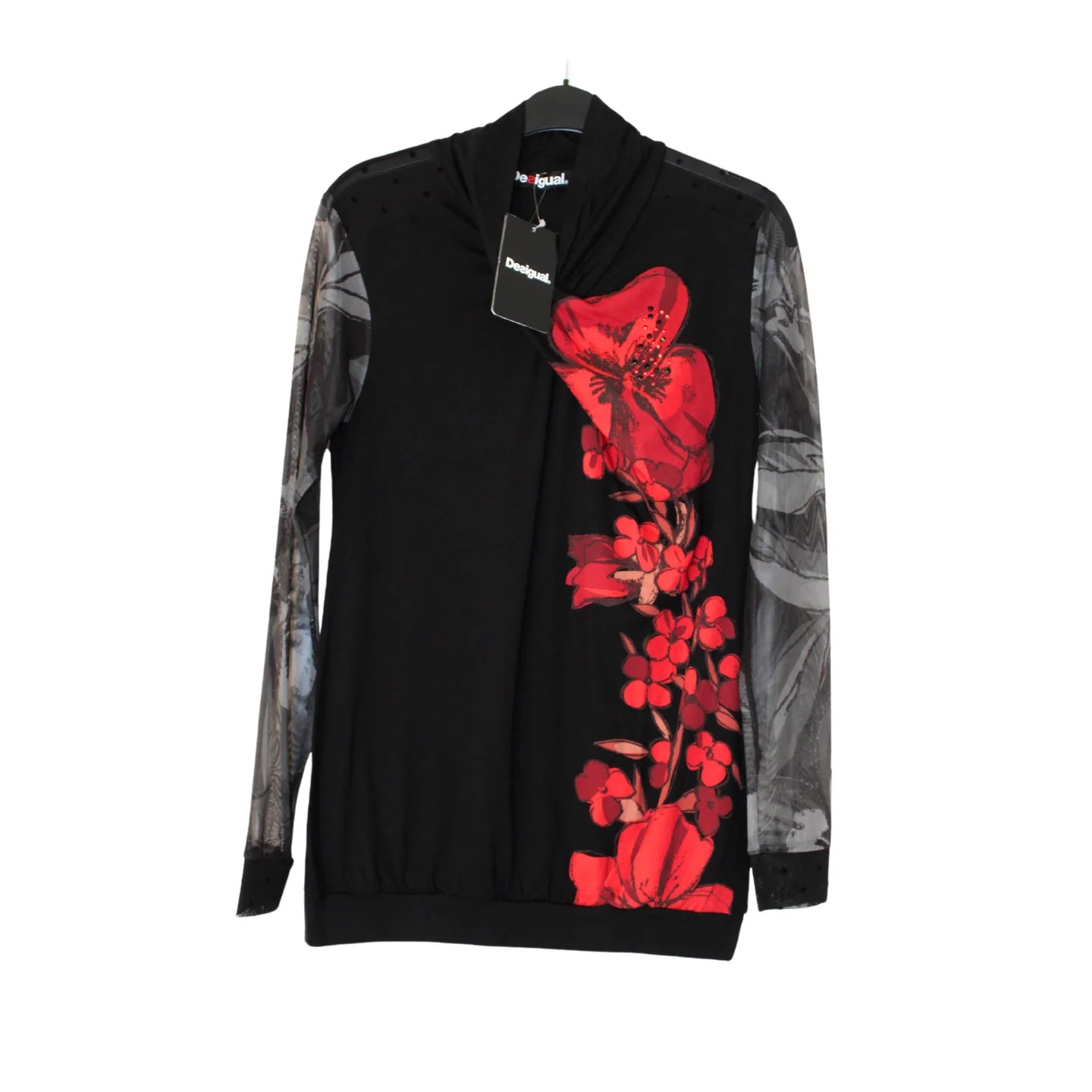Desigual Britney T-Shirt featuring a black base with red floral design, women's fashion, premium brands, stylish top.