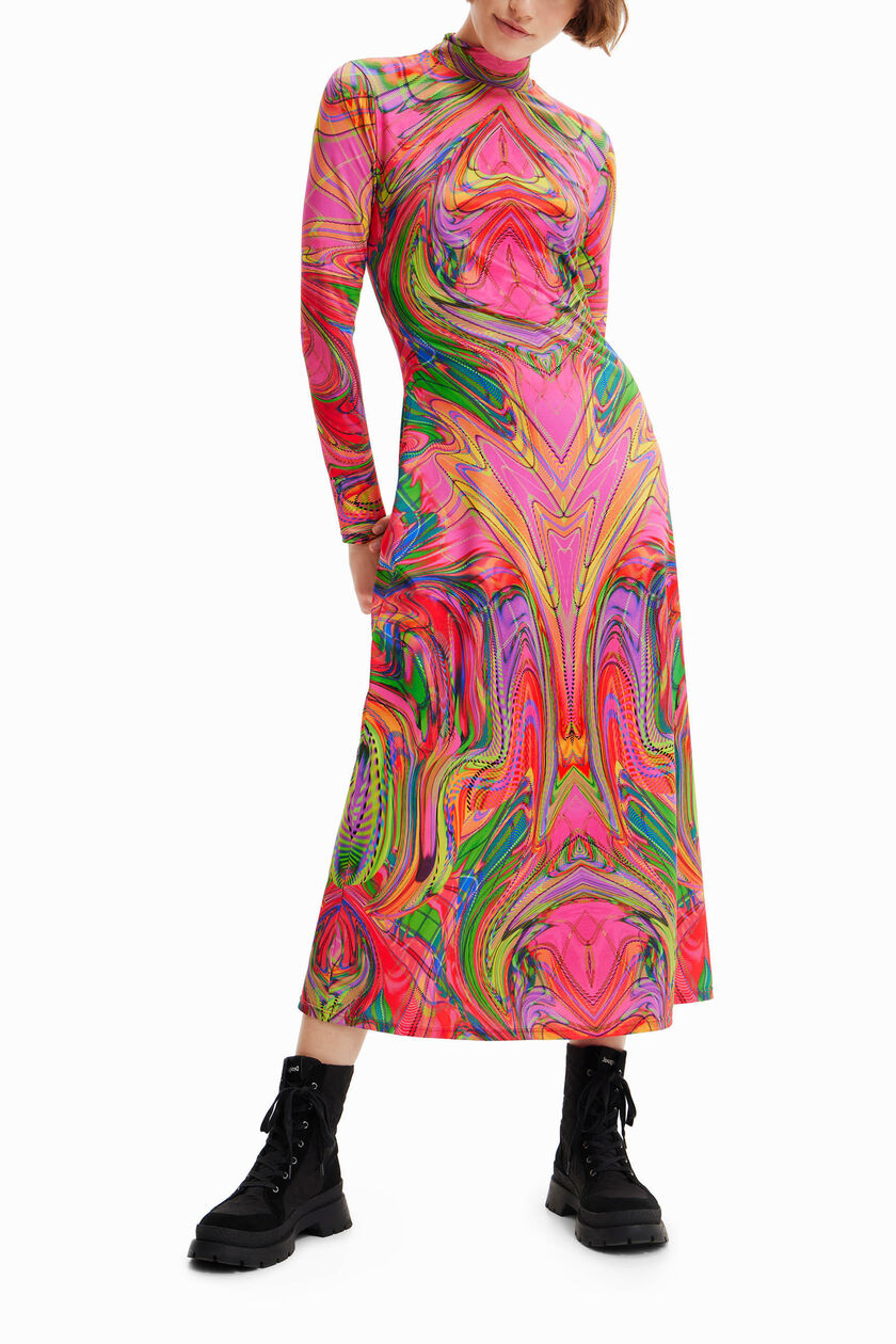 Desigual Psychedelic Marble Roll-Neck Midi Dress – Pink