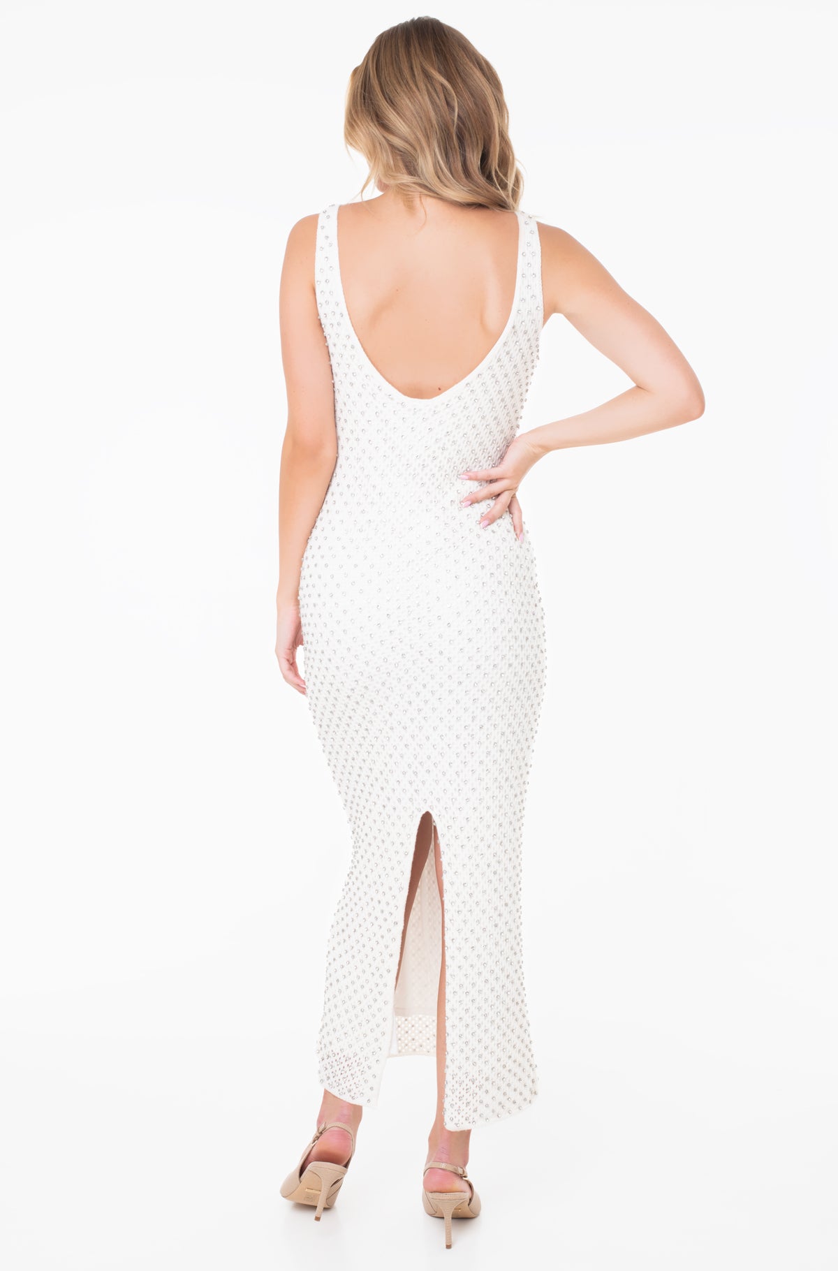 Marciano Elegant Dress in ecru, back view, women's fashion from Guess, perfect for outlet and designer clothing.