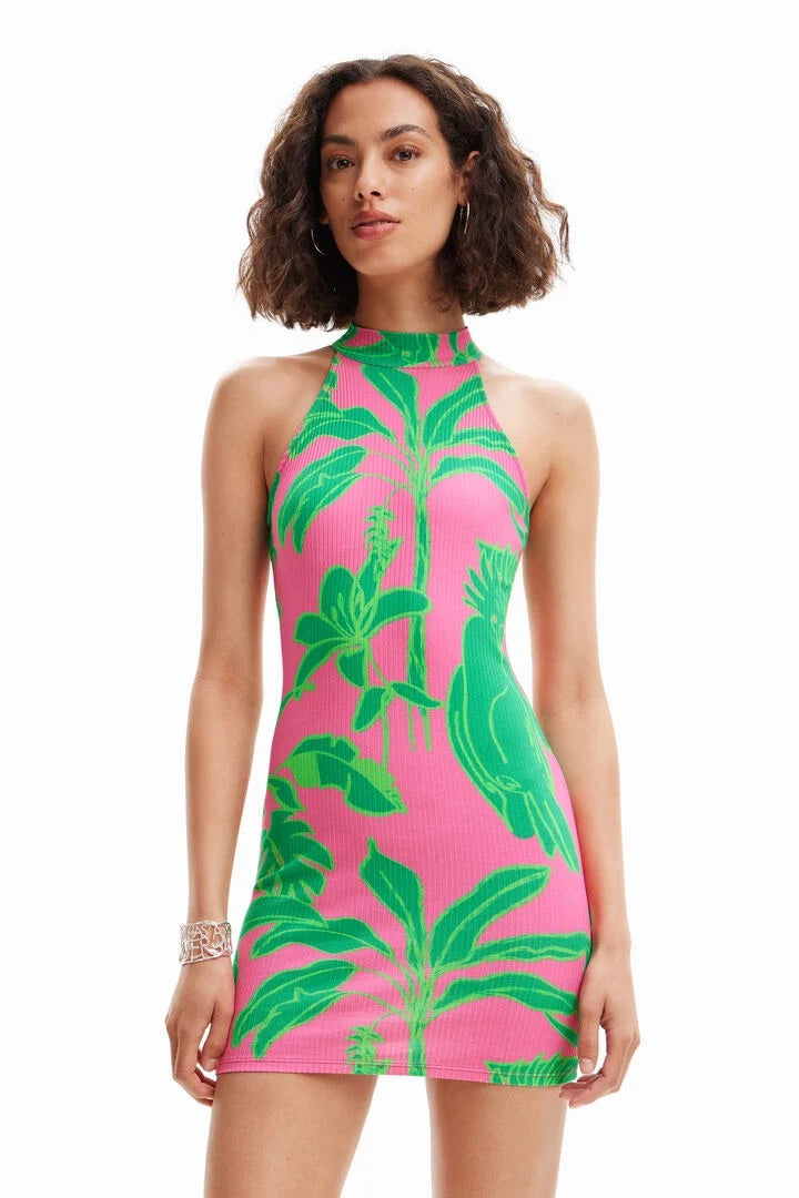 Desigual trópusi mintás, nyakpántos miniruha – rózsaszín