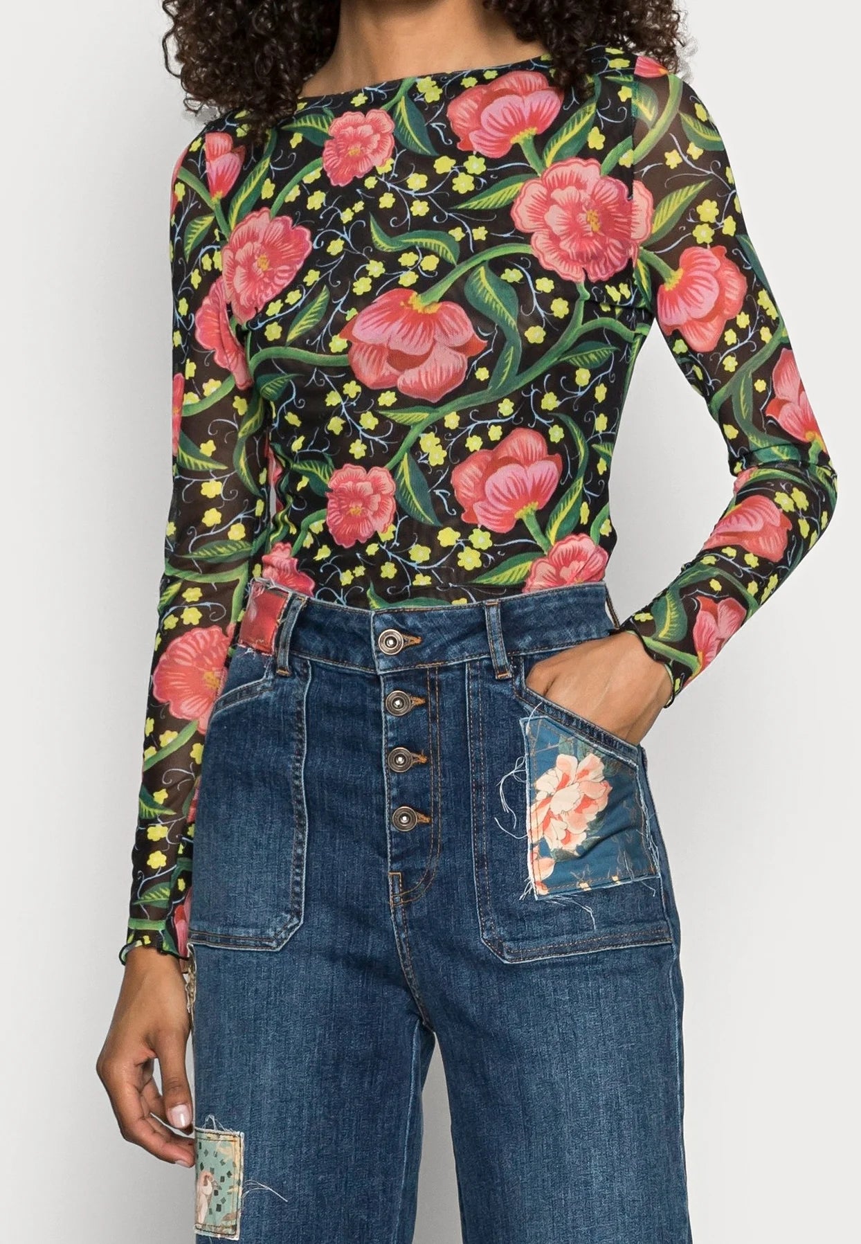 Desigual Floral Bodysuit – Black with Pink Flowers