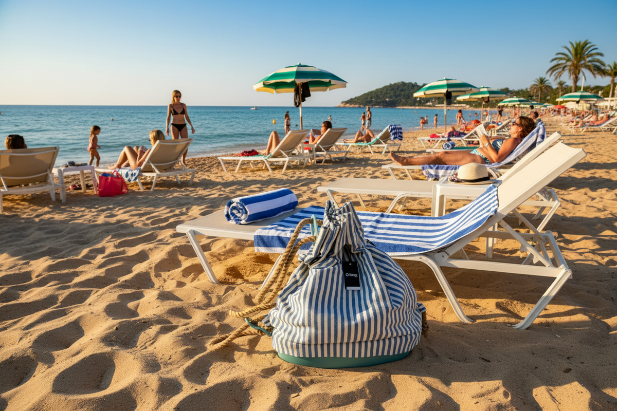 O bag beach bag – Marine striped on a sandy beach with lounge chairs, perfect for women's fashion and summer outings.