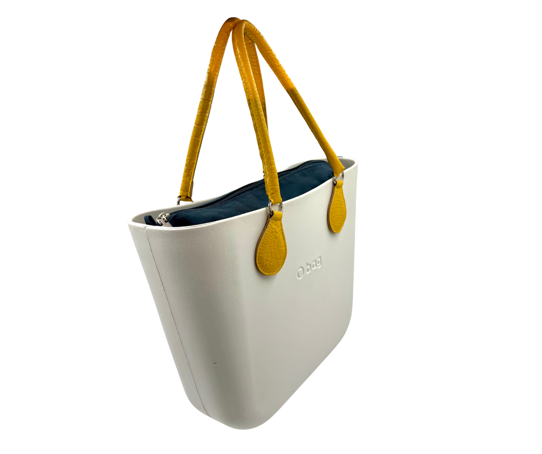 Obag mini bag in snow-white with mustard yellow handles, perfect for women's fashion and premium brands outlet.