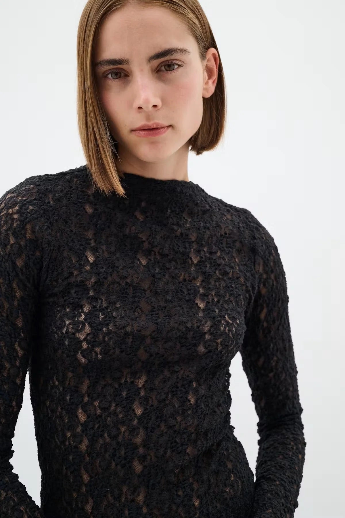 InWear Civah Stretch Lace Top – Black Slim Fit Slash Neck