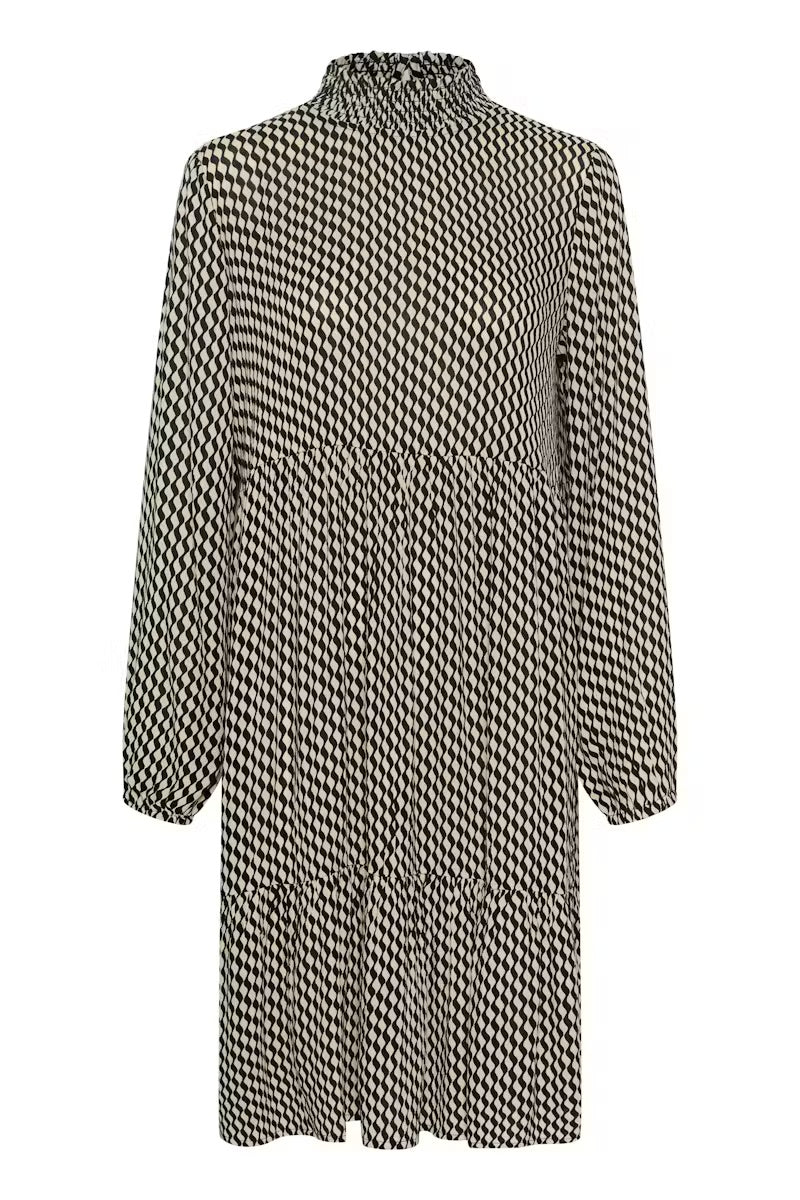 Kaffe KAamber Geometric-Print Midi Dress – Cream and Black