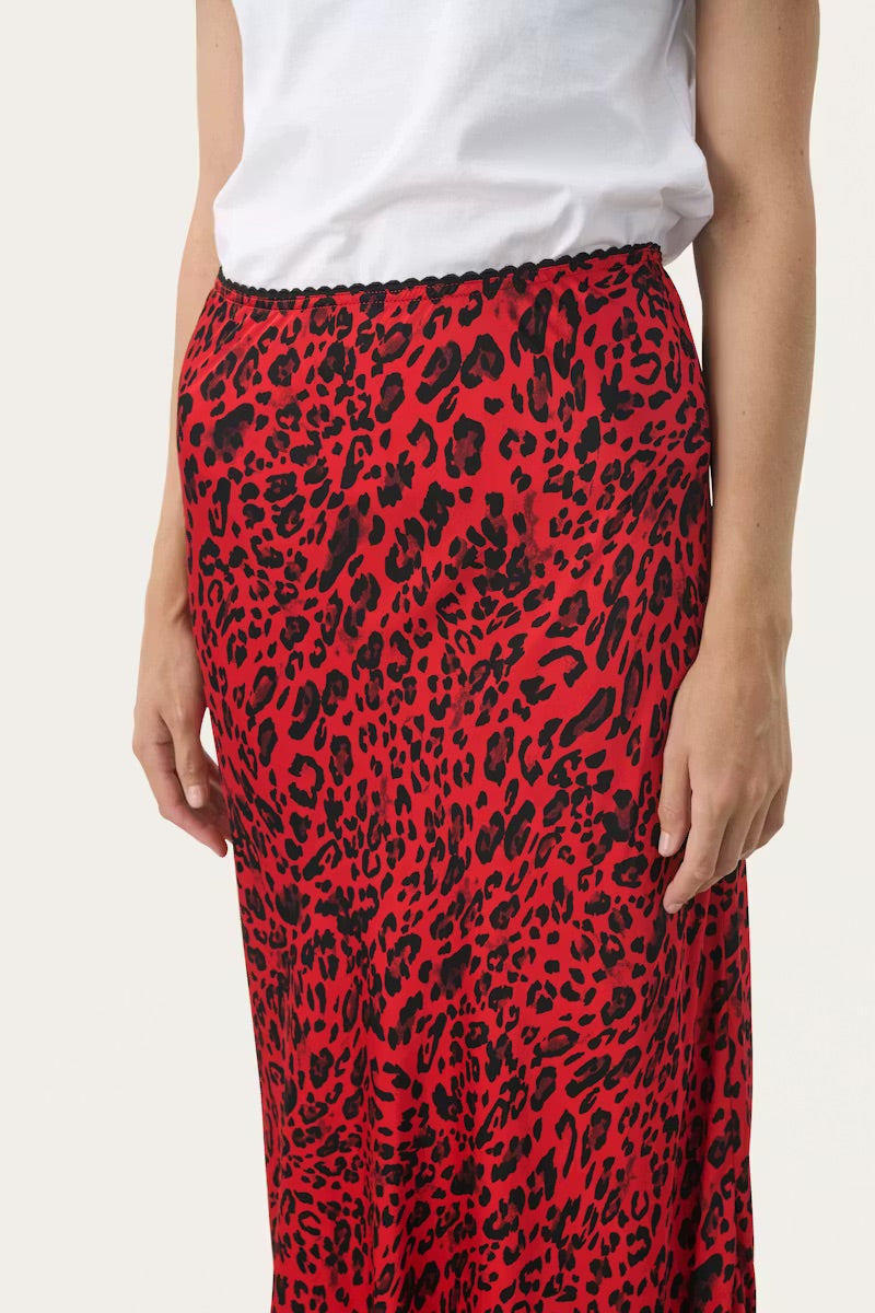 Part Two LaurinaPW Skirt – Red Leopard Print Midi Skirt