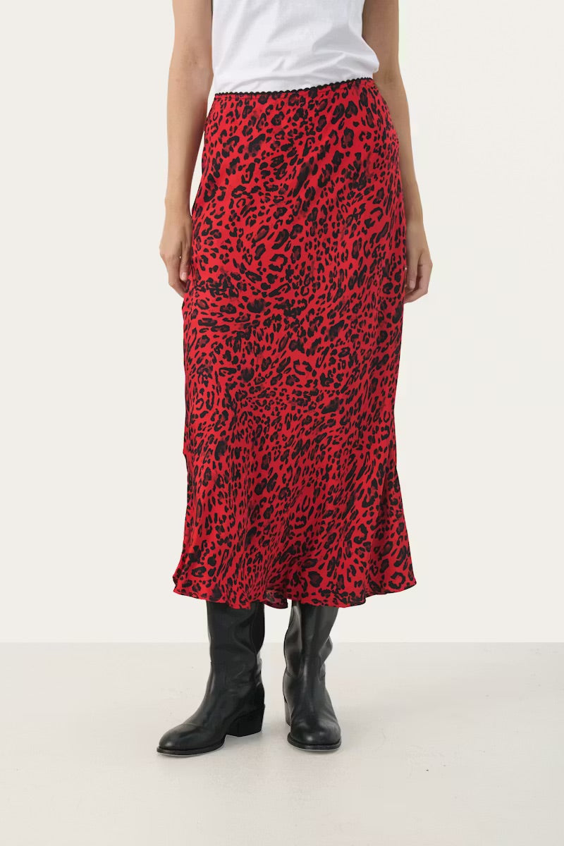 Part Two LaurinaPW Skirt – Red Leopard Print Midi Skirt