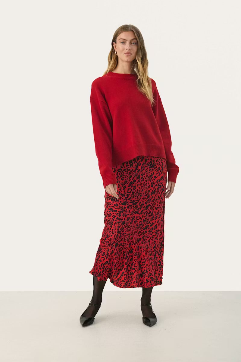 Part Two LaurinaPW Skirt – Red Leopard Print Midi Skirt
