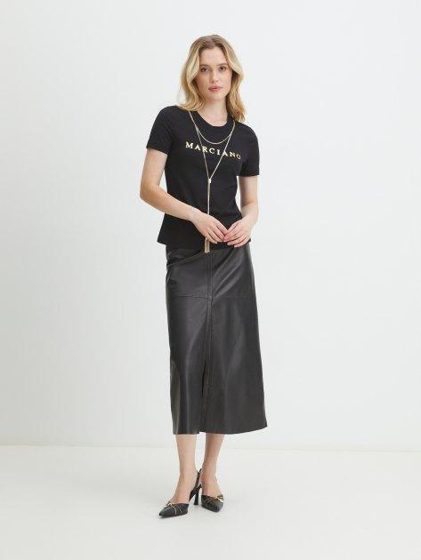Marciano Guess T-Shirt Olivia White Regular Fit worn with a black leather skirt, a chic outfit for women's fashion outlet.