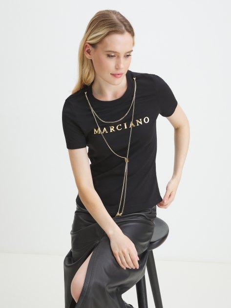 Marciano Guess T-Shirt Olivia Black Regular Fit worn by a woman, showcasing designer clothing in women's fashion outlet.