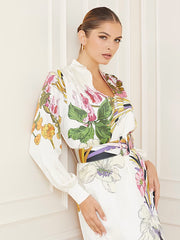Marciano by Guess Floral Print Mini Dress in white with green and pink floral pattern, stylish women's fashion for summer occasions.