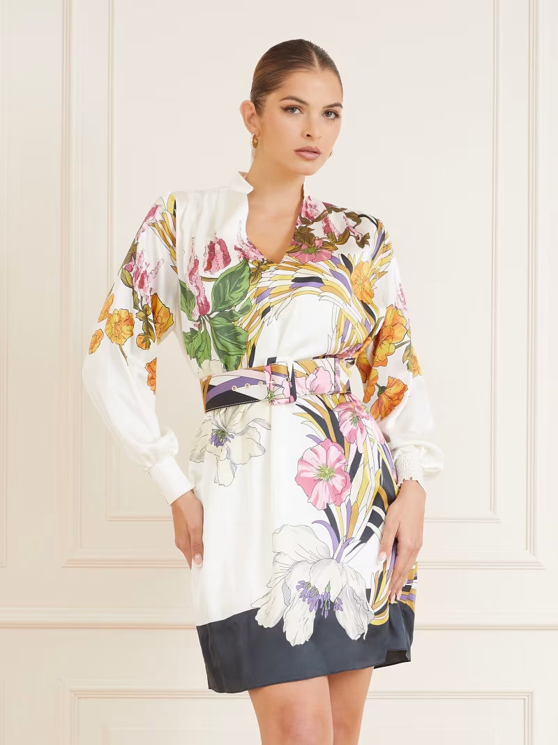 Marciano by Guess Floral Print Mini Dress features a vibrant floral design; perfect for women's fashion and summer events.