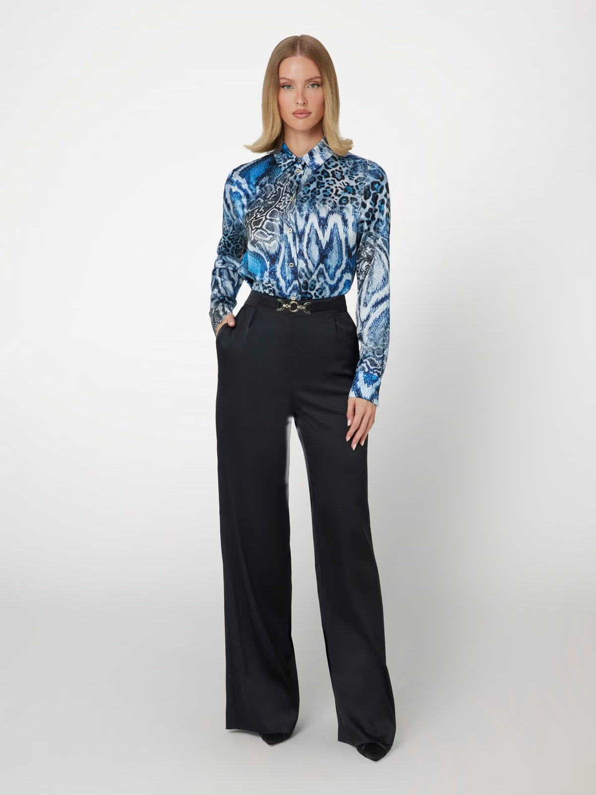 Marciano by Guess All Over Print Shirt in blue and black, stylish women's fashion top for elegant occasions, designer clothing.