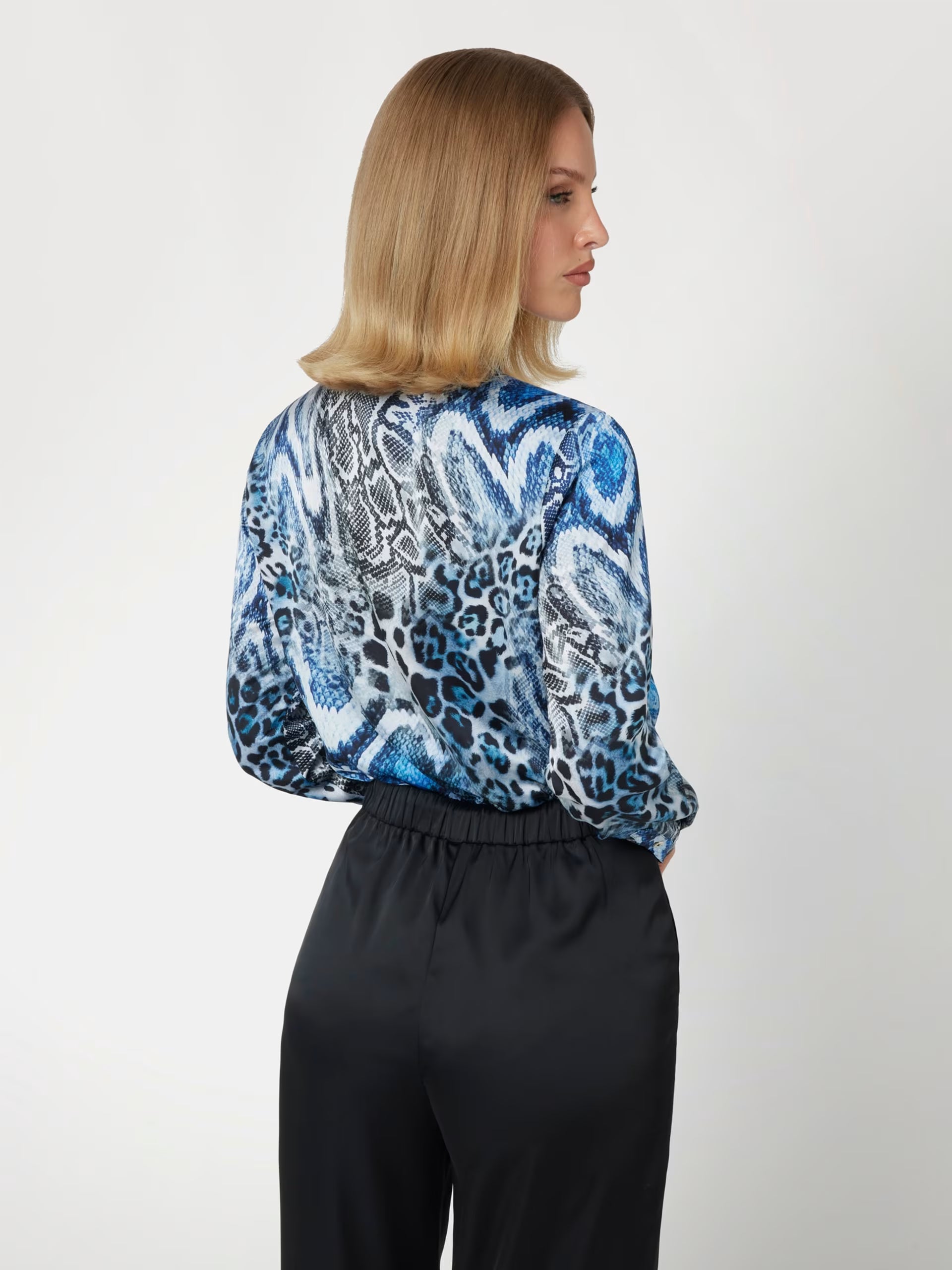 Marciano by Guess All Over Print Shirt in blue and black, stylish women's fashion top, perfect for elegant occasions.