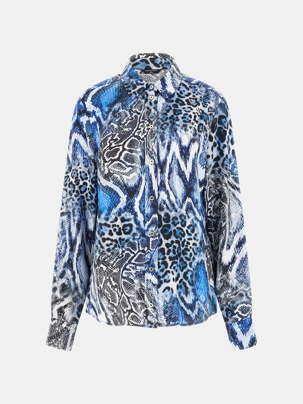 Marciano by Guess All Over Print Shirt in blue animal print, stylish women's fashion top, designer clothing outlet.