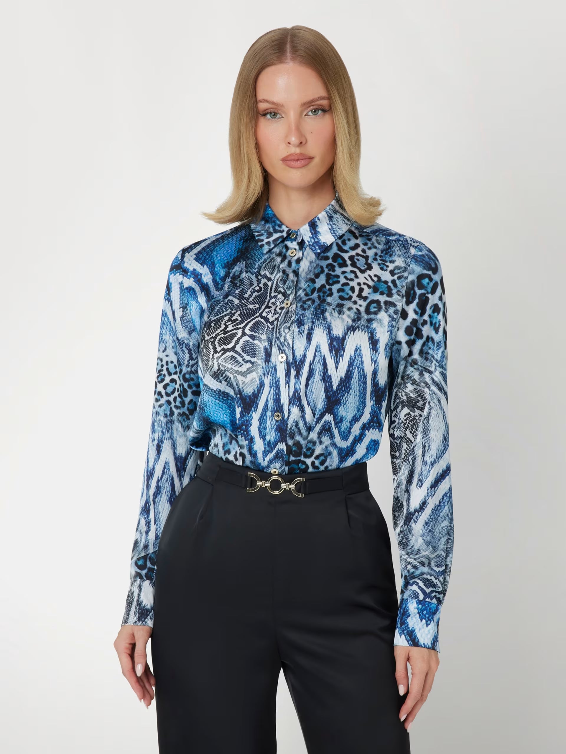 Marciano by Guess All Over Print Shirt in blue, stylish women's fashion top for elegant occasions, designer clothing.