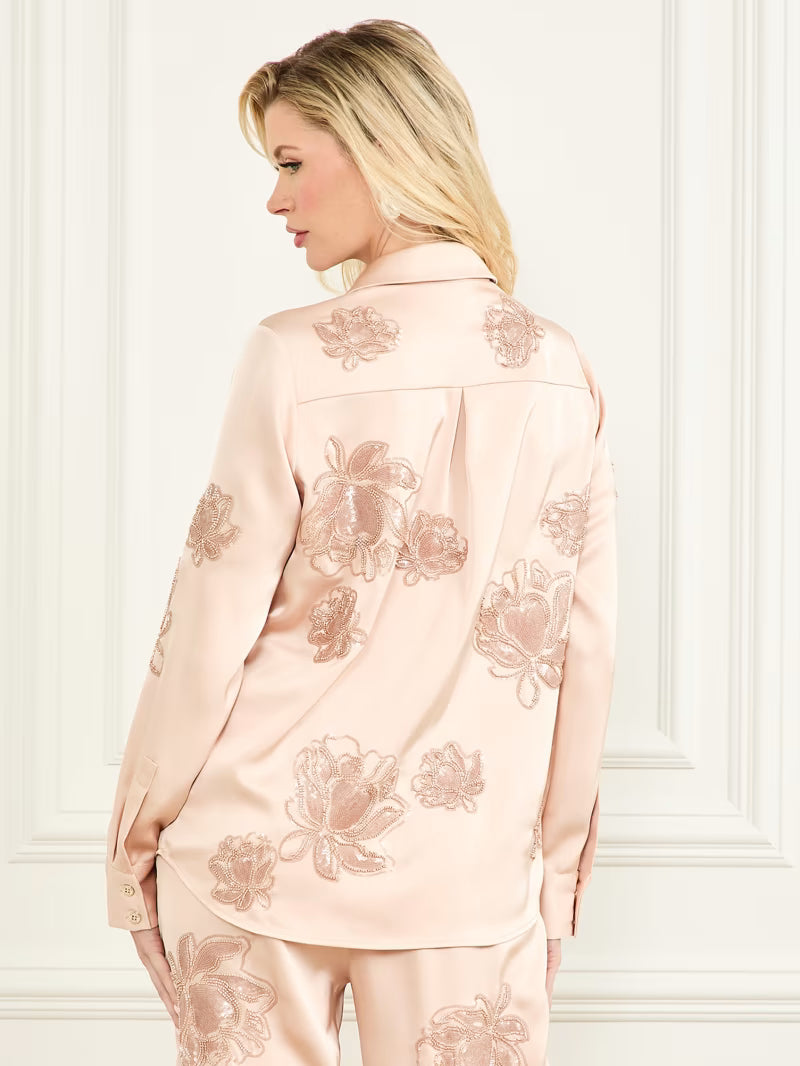 Marciano by Guess Elegant Blouse in soft pink with floral embroidery, perfect for women's fashion and designer clothing.
