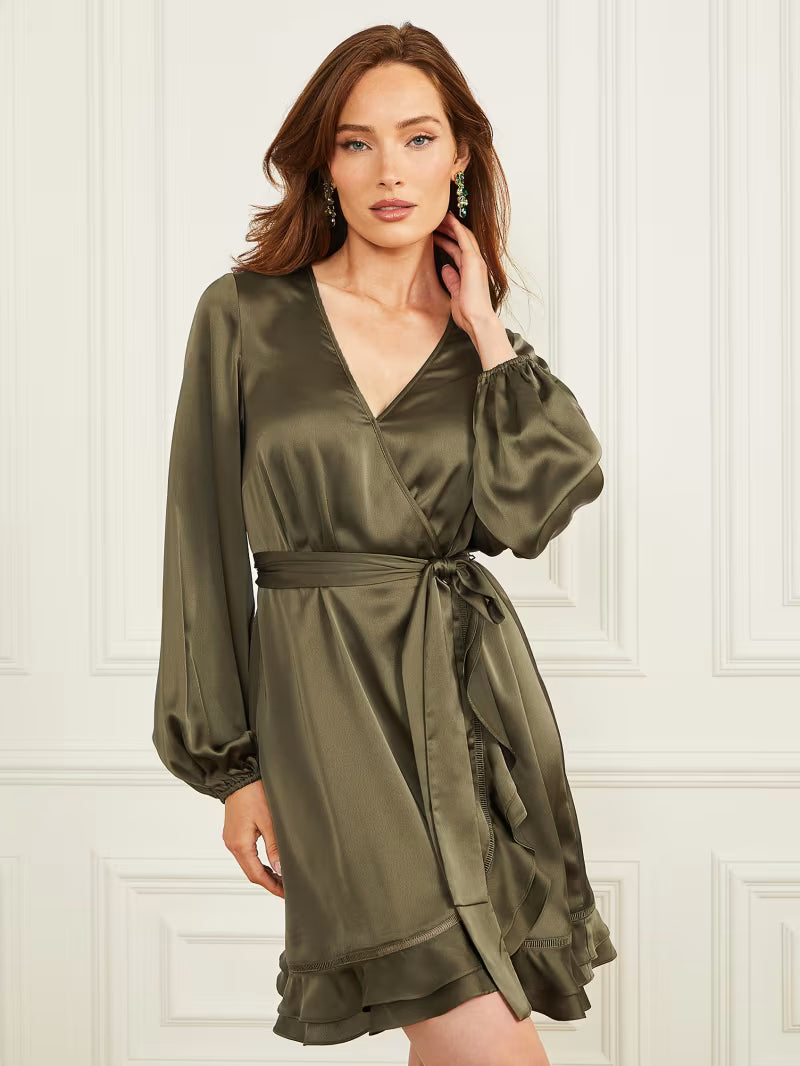 Marciano by Guess Betty Wrap Dress in olive green, stylish women's fashion, premium designer clothing for elegant occasions.