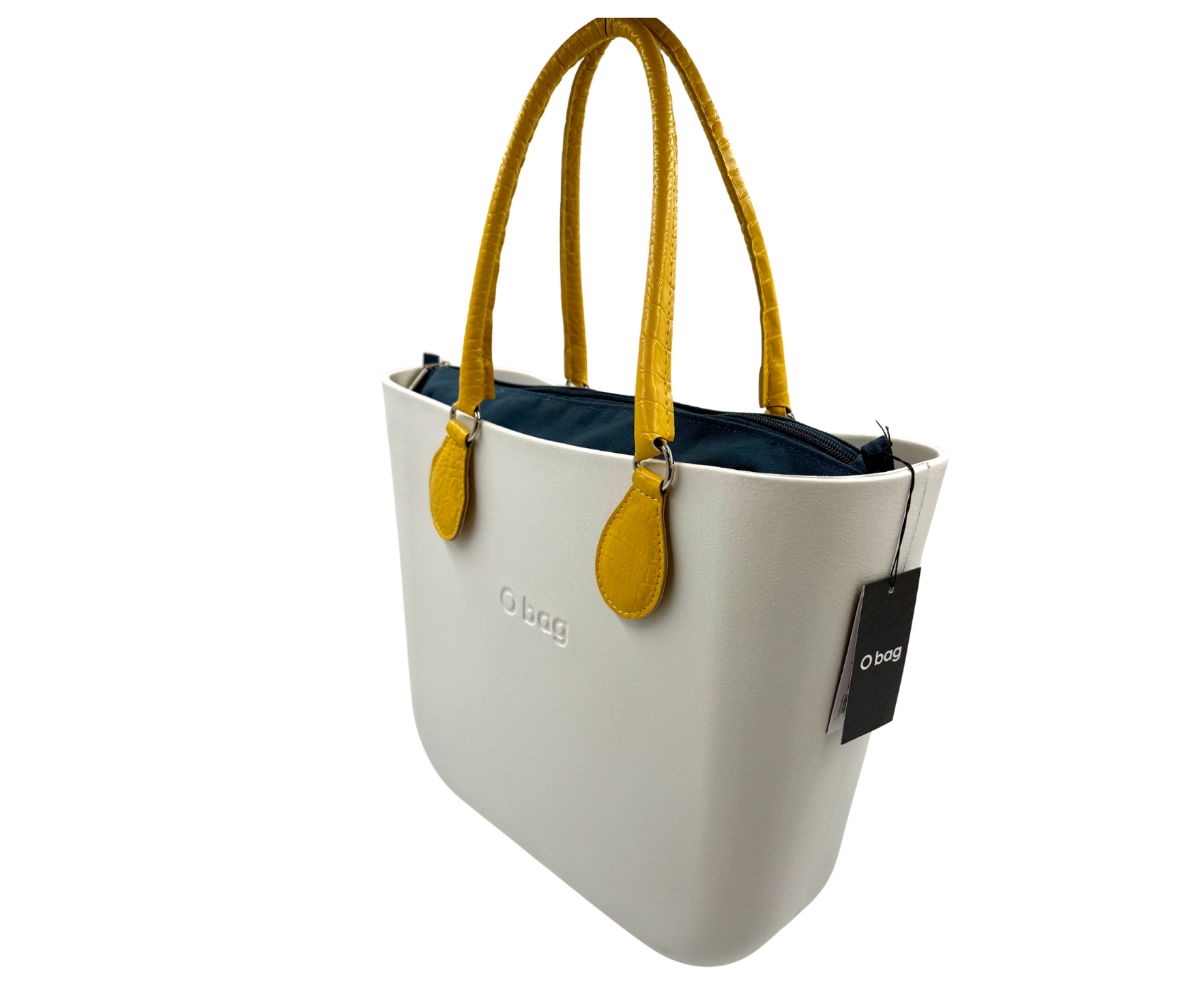 Obag mini bag in snow-white with mustard yellow patterned handles, ideal for women's fashion and premium brands.