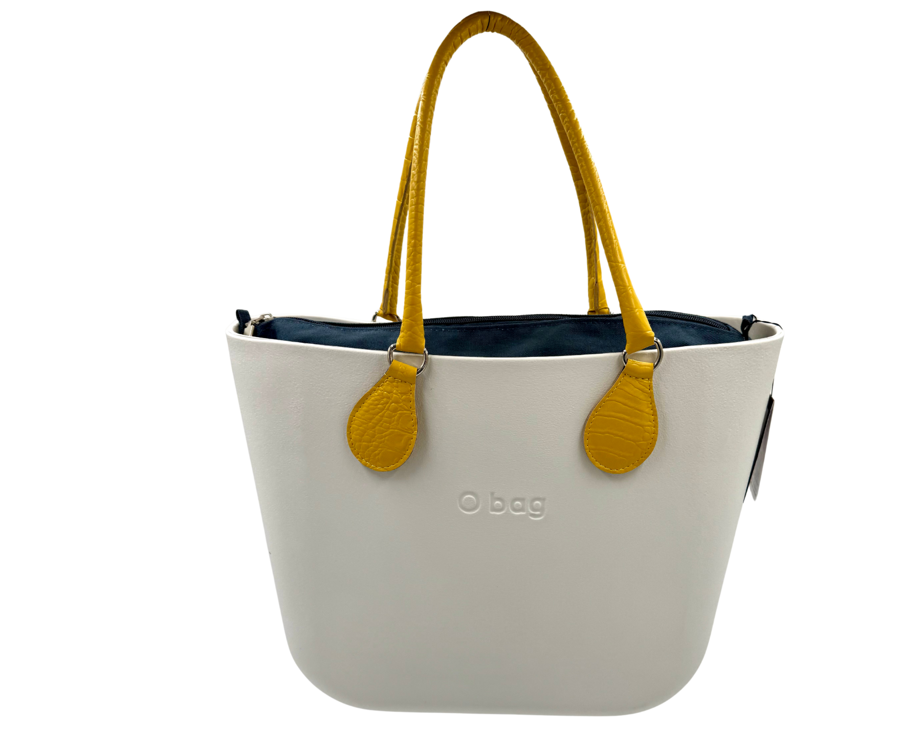 Obag mini bag in snow-white with mustard yellow handles and dark blue insert, perfect for women's fashion and premium brands.