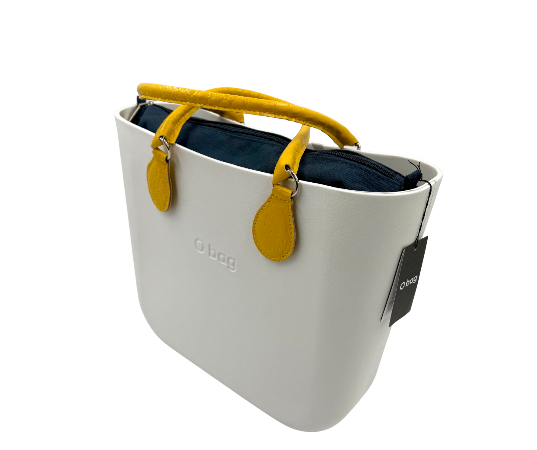 Obag mini bag in snow-white with mustard yellow handles and dark blue inner insert, perfect for women's fashion and premium brands.
