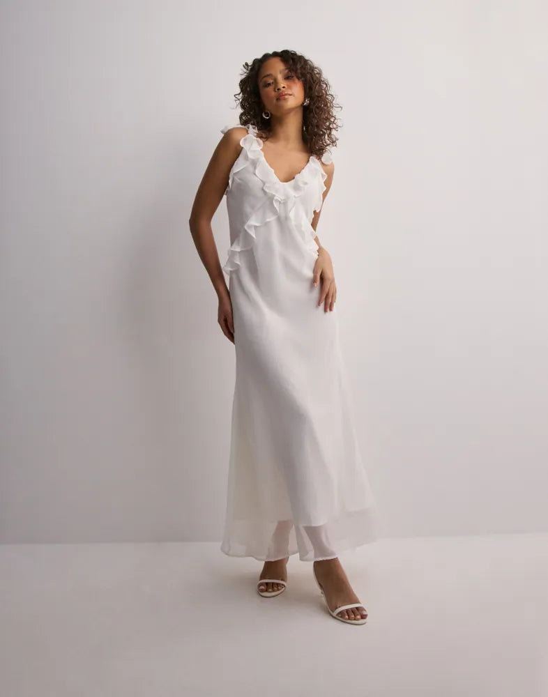 Neo Noir Dara Ruffle Chiffon Maxi Dress – White