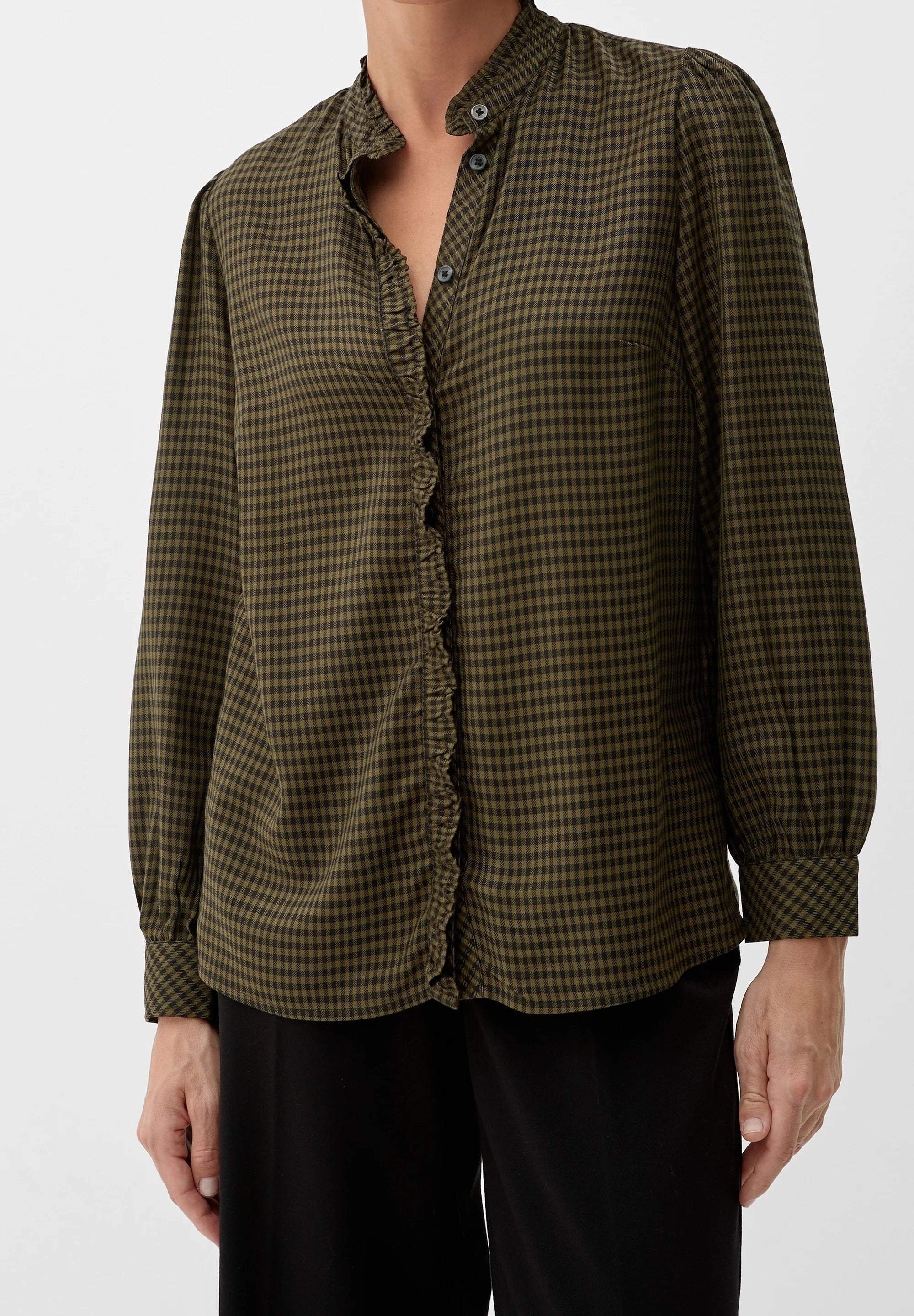 s.Oliver Gingham Check Blouse with Ruffle Collar – Evergreen