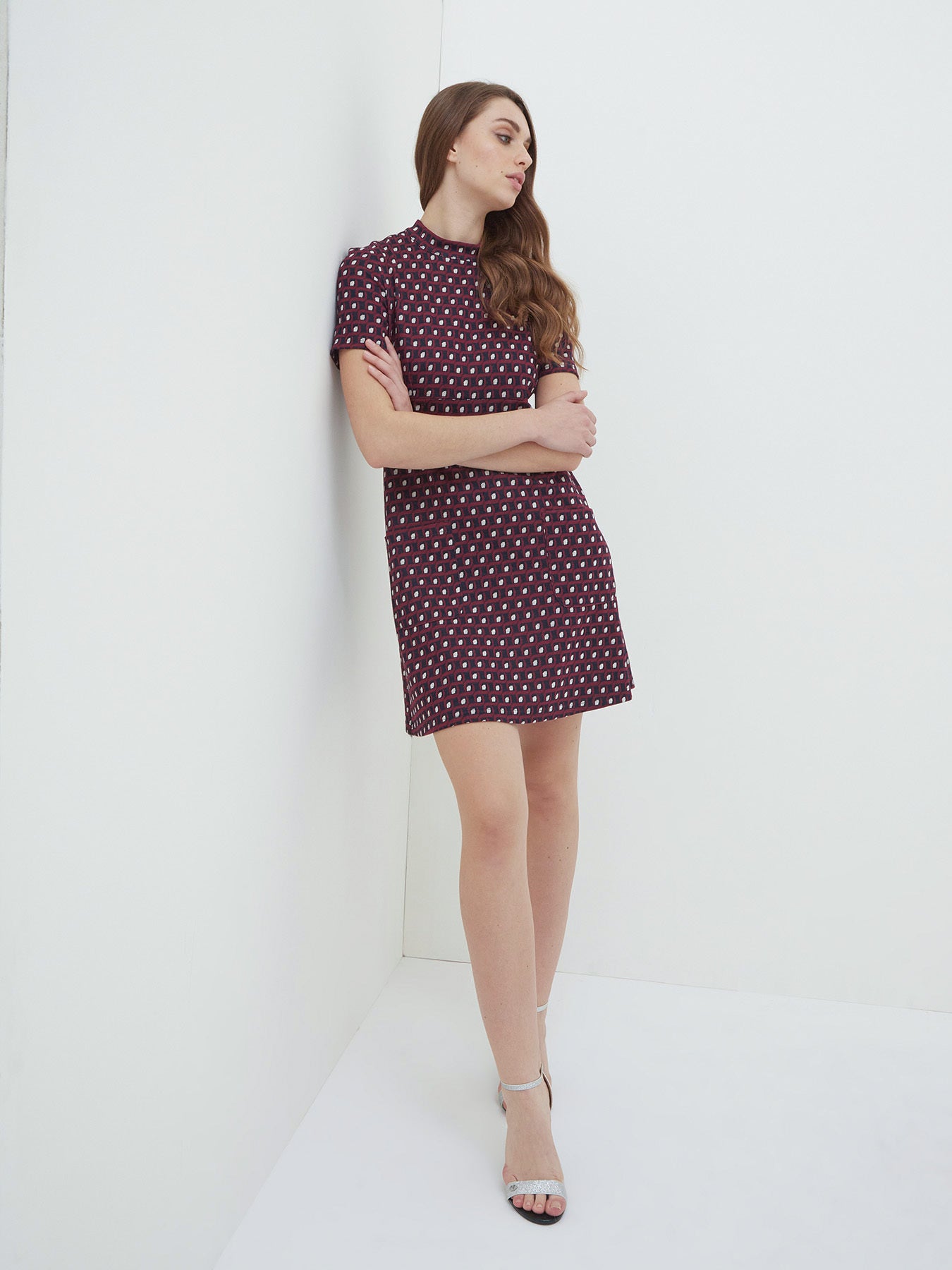 Motivi Geometric-Print Dress – Burgundy