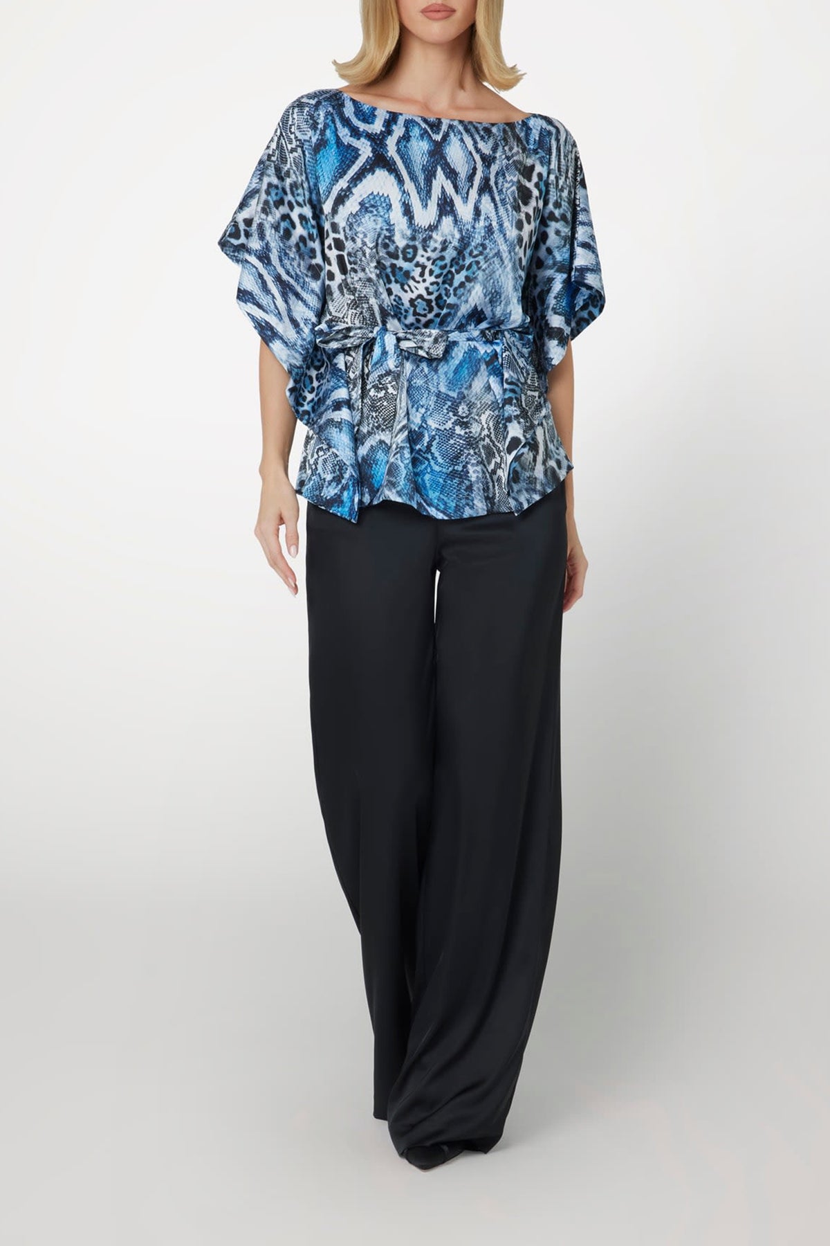 Marciano by Guess Josette Kimono - Midnight Snake in blue print, stylish women's fashion top with black pants, premium designer clothing.