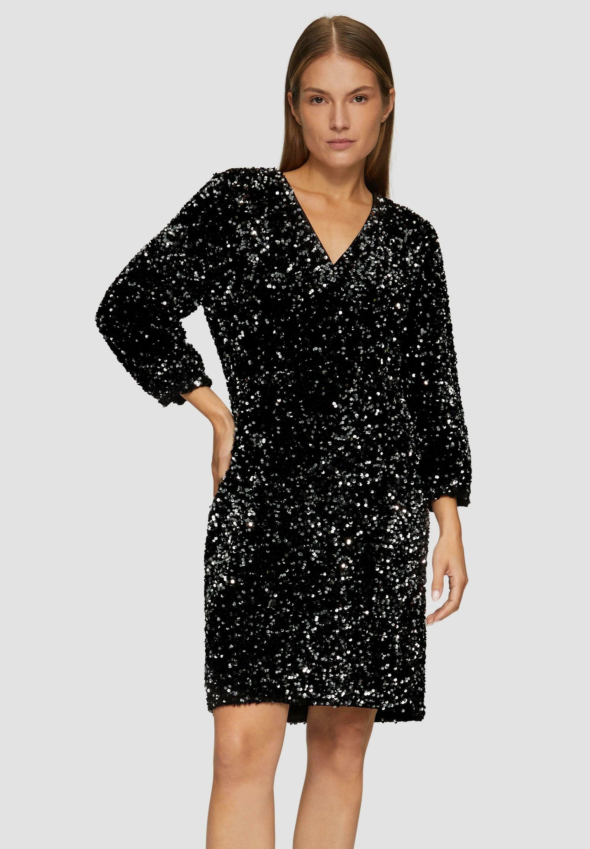 s.Oliver Sequin Cocktail Dress with Balloon Sleeves – Black