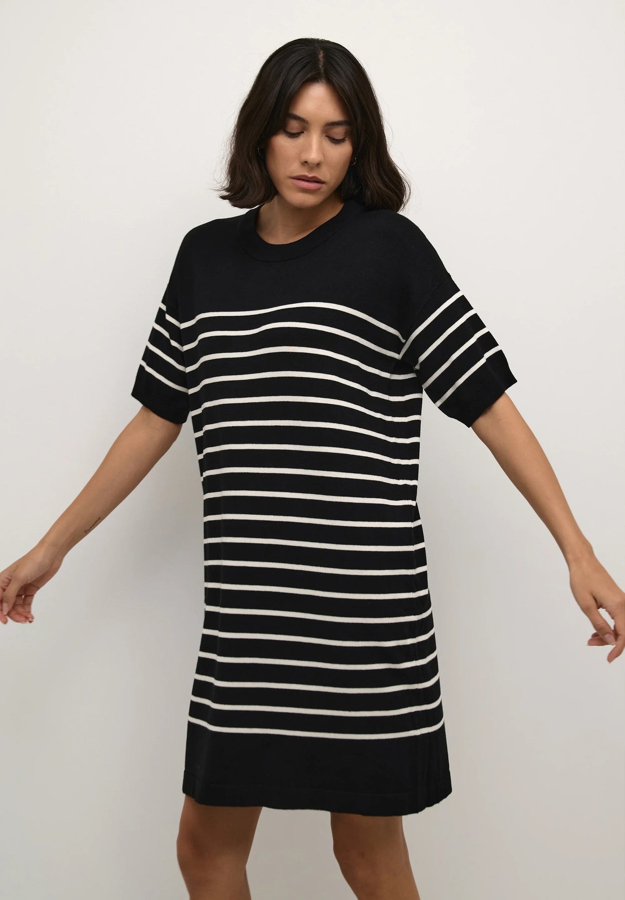 Kaffe Kalizza Striped Knit Mini Dress – Black and White
