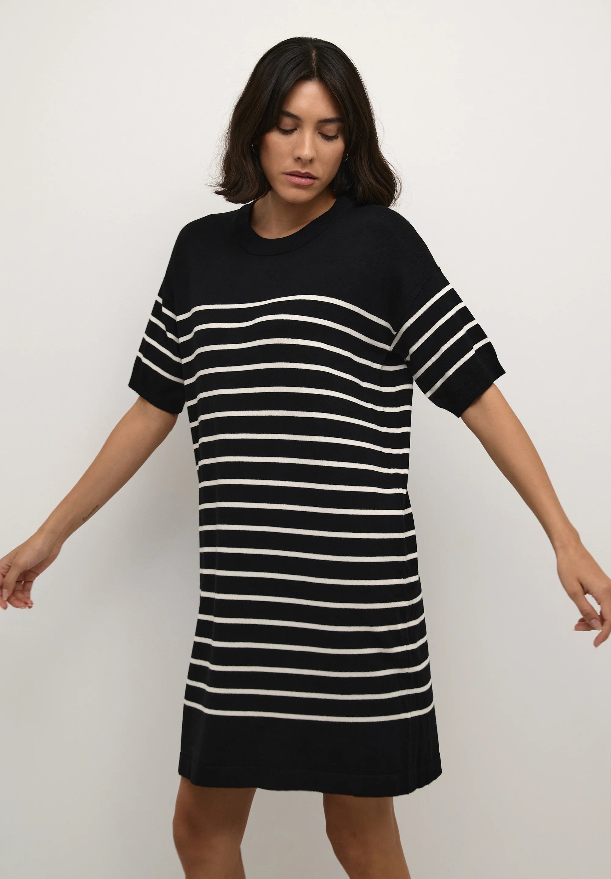 Kaffe Kalizza Striped Knit Mini Dress – Black and White