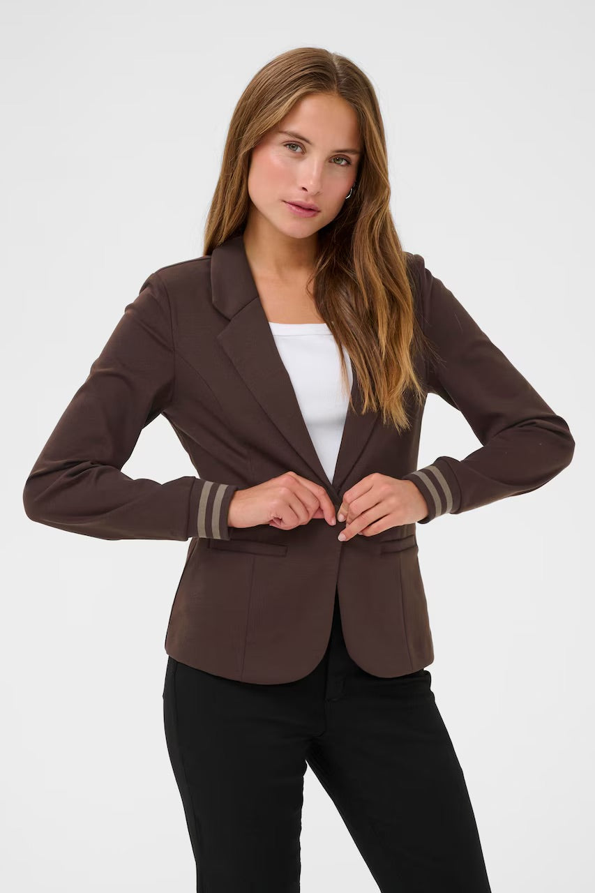 Kaffe Kinnie Mocha Brown Blazer – 1-Button Striped Knit Cuffs Fitted | Women
