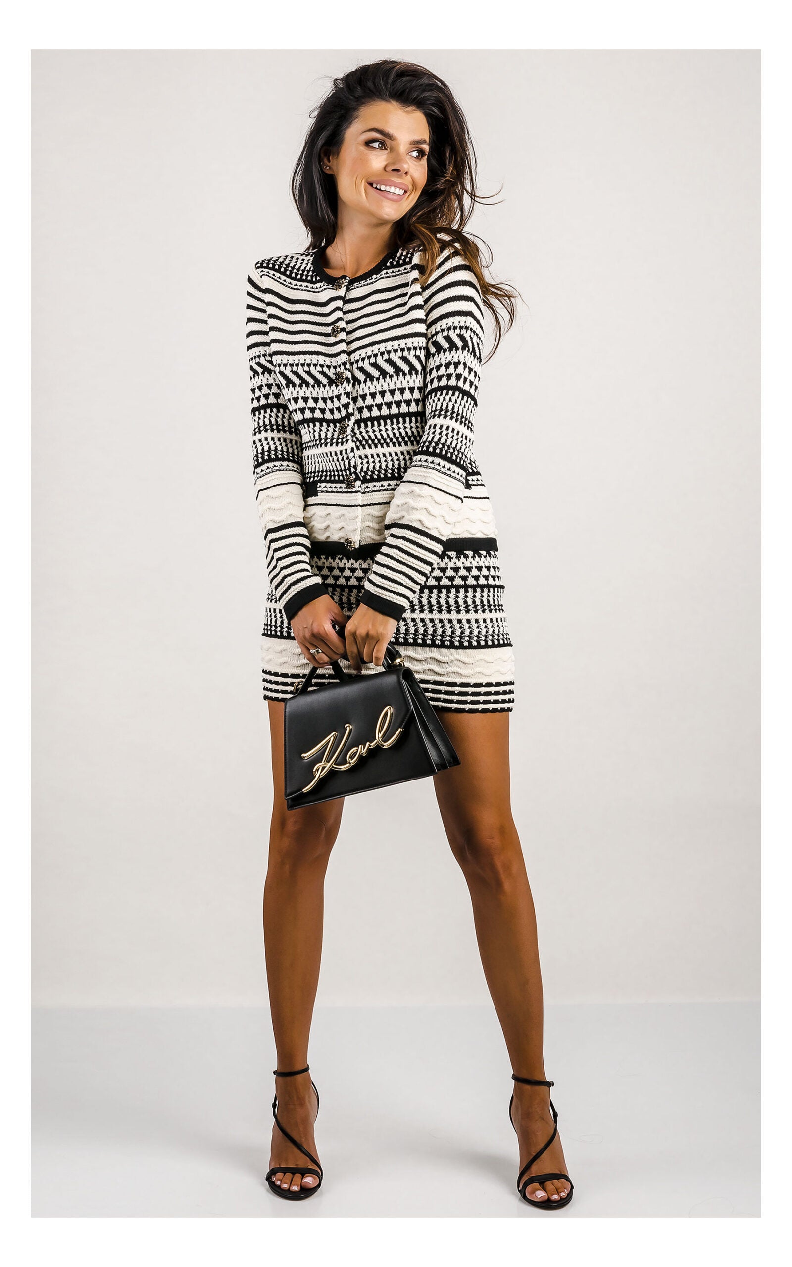 Marciano Guess Patterned Cardigan - Black-Cream worn by model, showcasing sophisticated women's fashion in designer clothing.