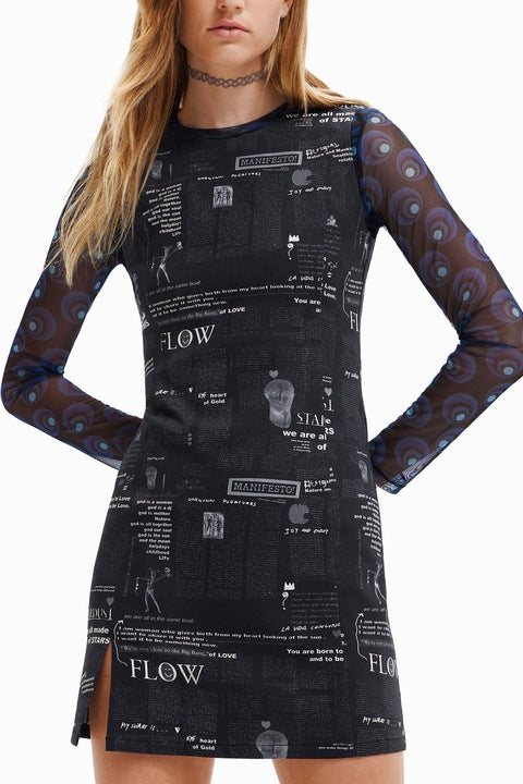 Desigual Flow Manifesto mintás miniruha – fekete