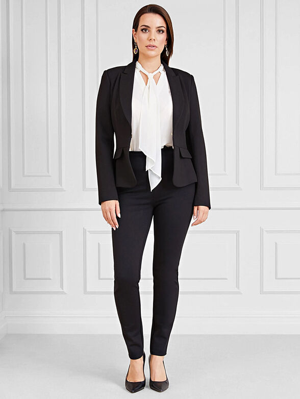 Marciano by GUESS – FARAH Black Fitted Blazer worn with a white blouse, perfect for women's fashion and designer clothing.