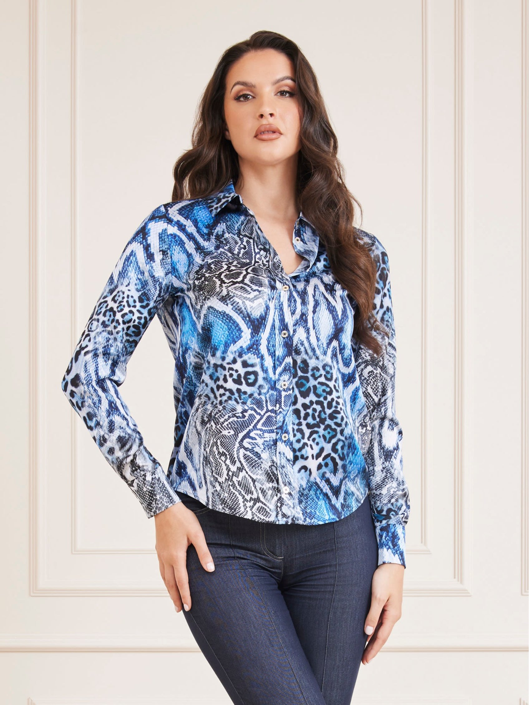 Marciano All Over Print Shirt in blue and black, featuring a bold pattern, perfect for women's fashion, outlet, and designer clothing.