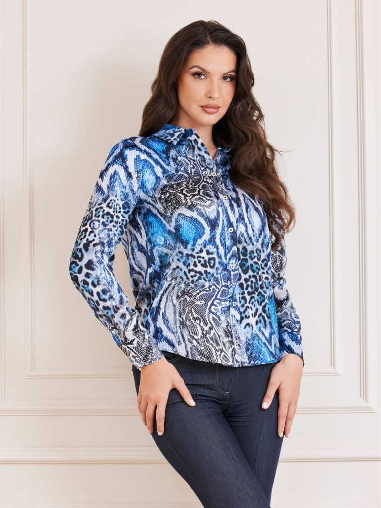 Marciano All Over Print Shirt in blue and black, stylish women's fashion top from premium brands, perfect for outlet shopping.