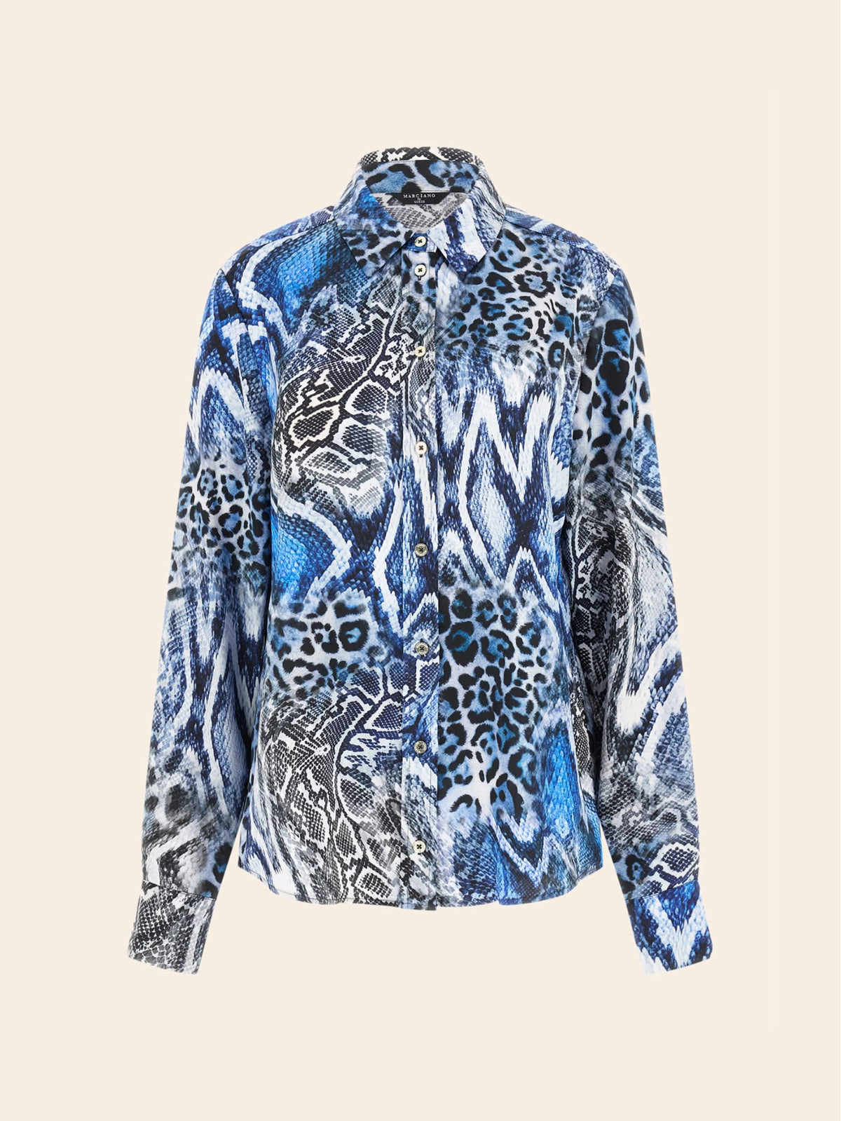 Marciano All Over Print Shirt in blue animal print, stylish top for women's fashion, premium brands at the outlet.